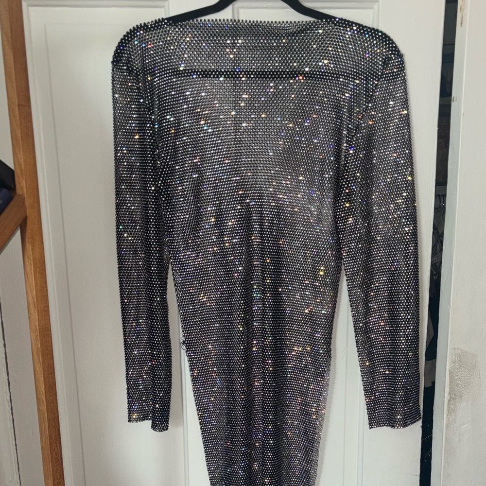 Mesh Sparkling Crystal Long Sleeve Dress